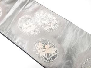 尾長鳥に花模様織り出し　袋帯